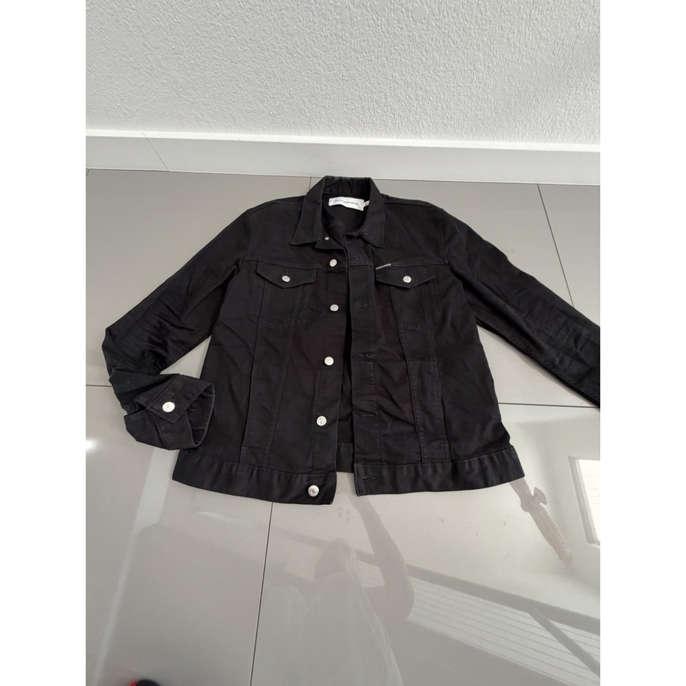 Calvin Klein Mens Large Black Denim Modern Trucker Jean Jacket Button Front